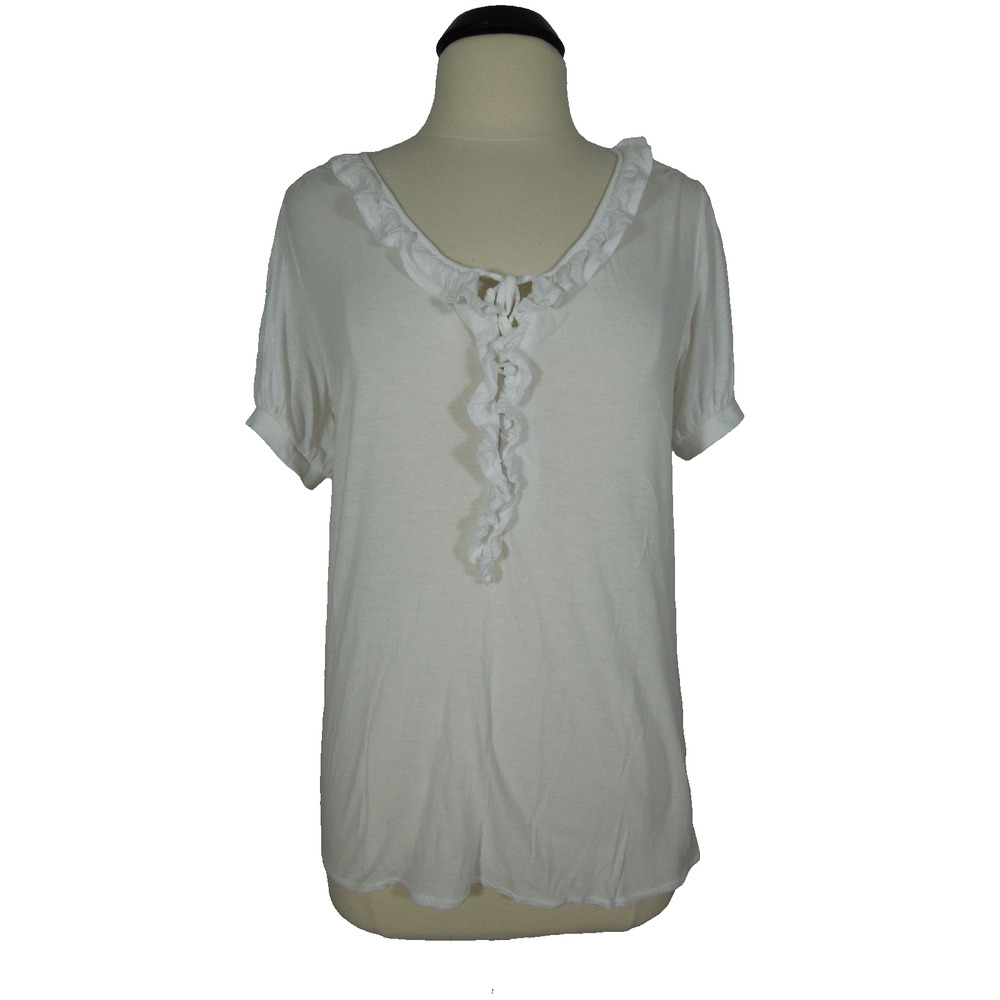 CONVERSE ONE STAR Henley Top L LARGE White Scoop Neck Front Ruffle Short Sleeve